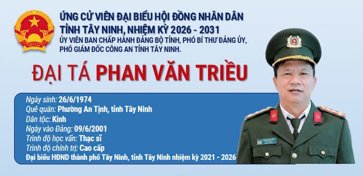 Đồng chí Đại tá Phan Văn Triều - Ủy viên Ban chấp hành Đảng bộ tỉnh, Phó Bí thư Đảng ủy, Phó Giám đốc Công an tỉnh, ứng cử viên Đại biểu HĐND tỉnh Tây Ninh nhiệm kỳ 2026-2031. Đơn vị bầu cử số 11: gồm các xã, phường: Thạnh Đức, Phước Thạnh, Gò Dầu.